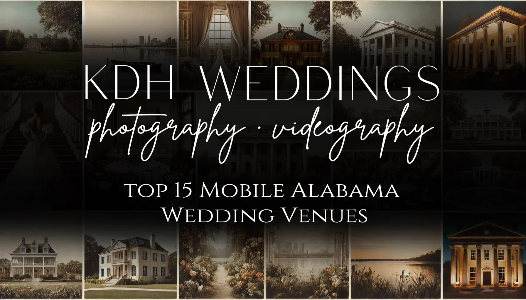 Pensacola Wedding Photographer - KDH Weddings 12 Mobile Alabama wedding venues guide Elegant wedding venue collage with lush landscapes and grand architecture, overlaid text: KDH Weddings, photography, videography, top 15 Mobile Alabama Wedding Venues.