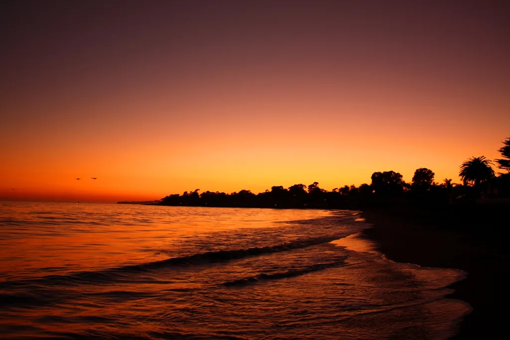 Sunset over the Gulf at Miramar Beach, the sky burning orange above a dark treeline with waves washing up the sand
