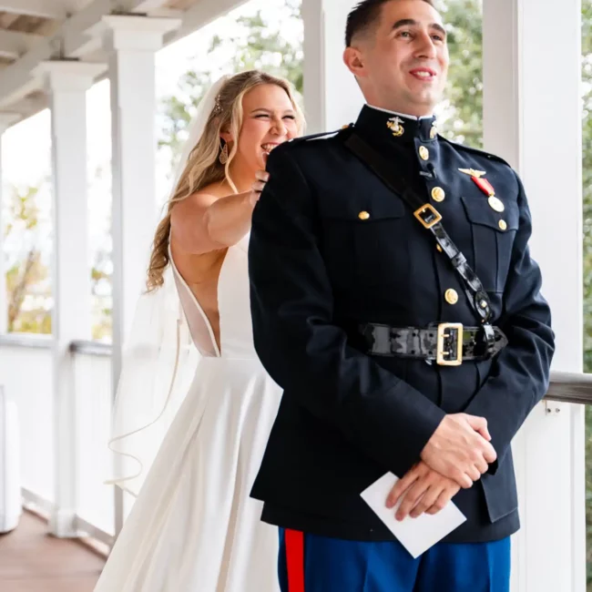 bride behind usmc dress blues husband about to do the reveal