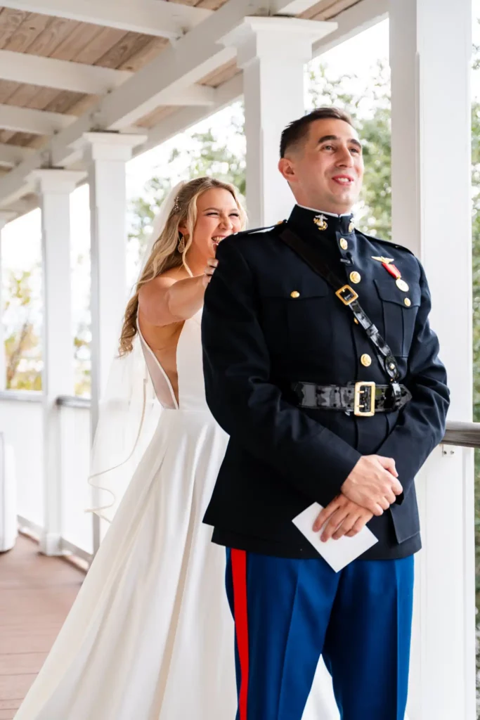 bride behind usmc dress blues husband about to do the reveal