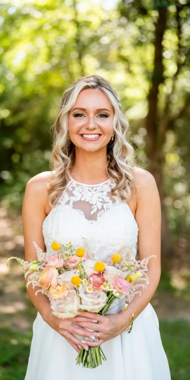 bride holding flowers smiling directly at camera