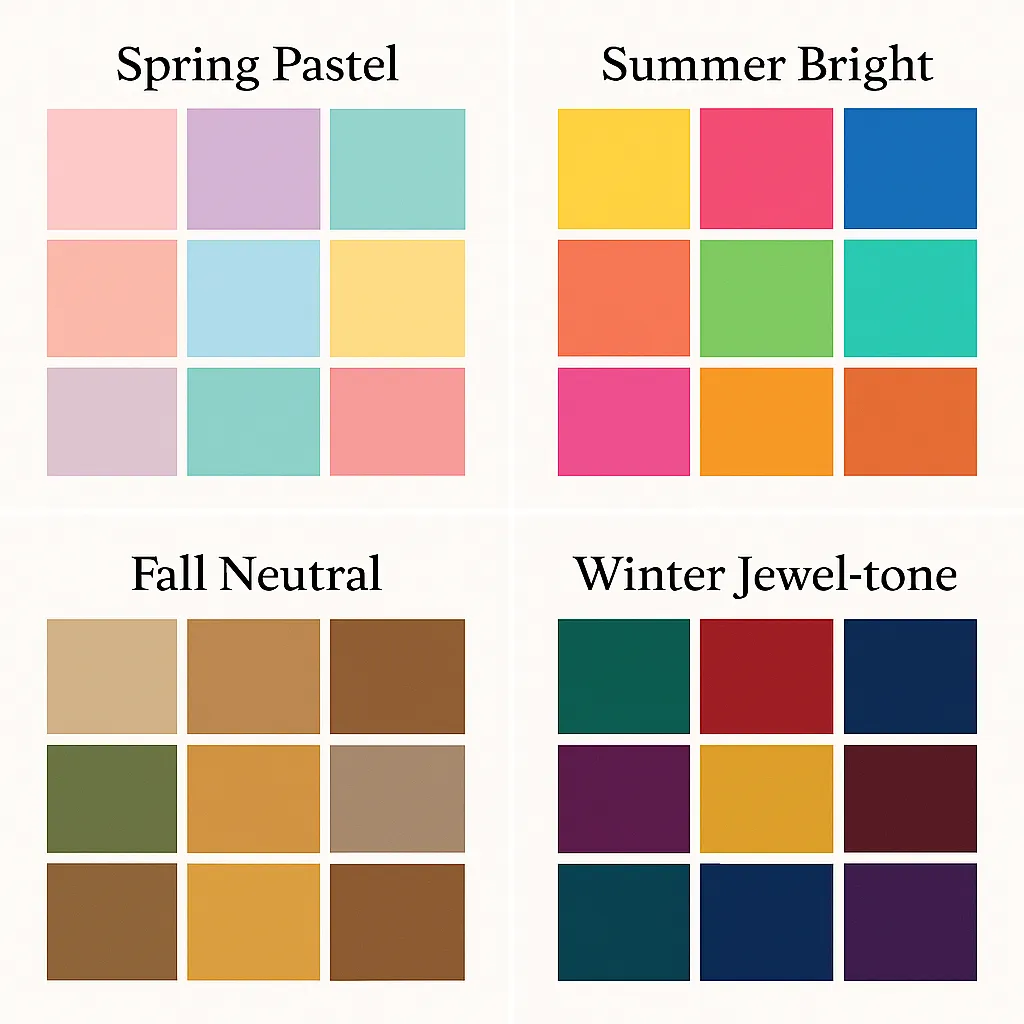 Four-panel PNG collage—Spring pastel / Summer bright / Fall neutral / Winter jewel-tone swatches