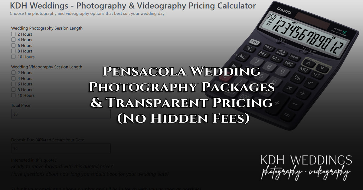 Price table of Pensacola wedding-photography packages 2025 by KDH Weddings showing 2, 4, 6, 8 and 10-hour options.
