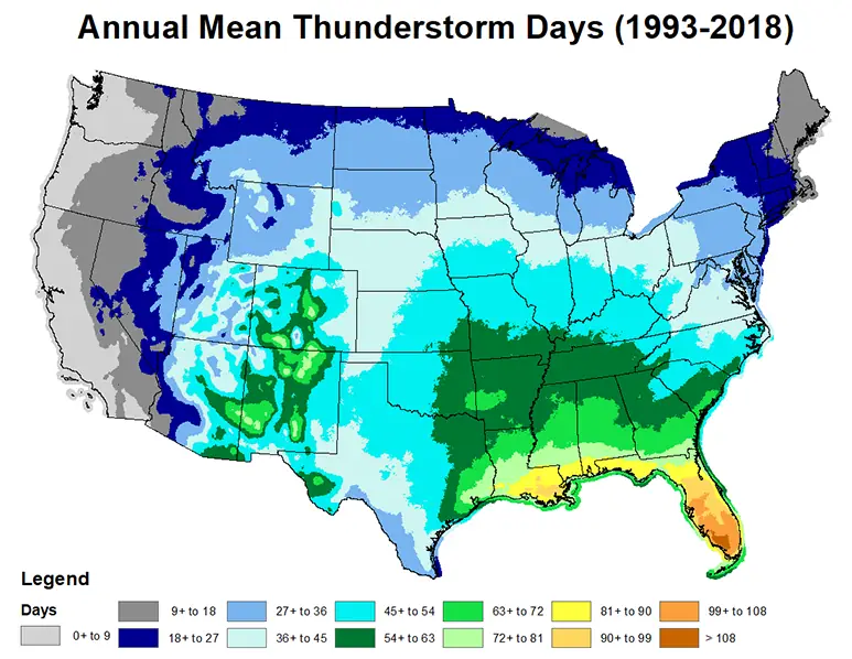National Oceanic and Atmospheric Administration annual mean thunderstorm days USA map 1993-2018