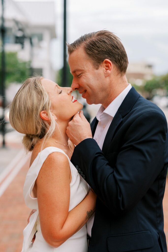 Sean and Brooklin nose to nose on a downtown sidewalk
