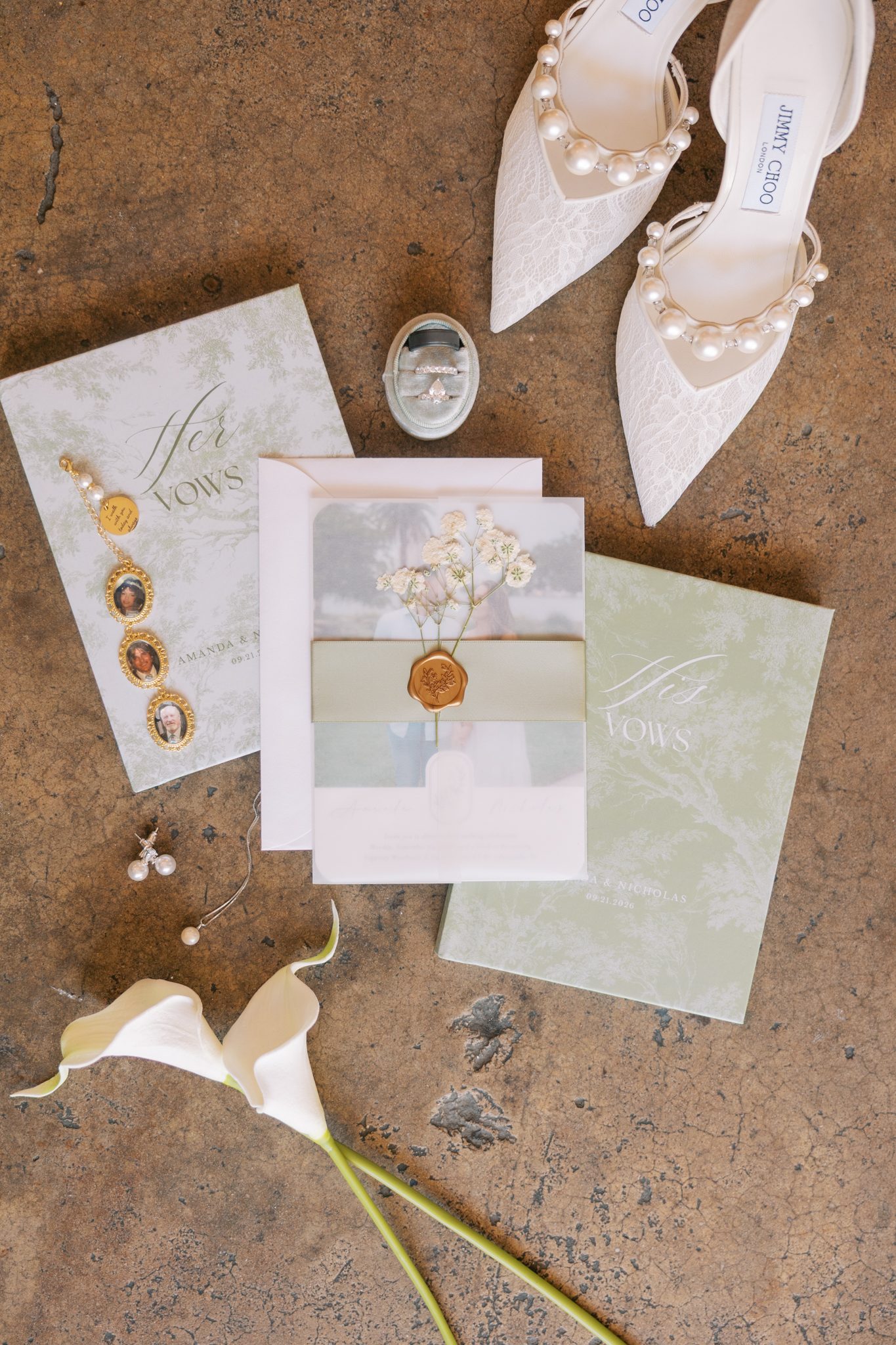 Wedding Family Photo List 3 Wedding invitation suite, pearl heels and rings styled in a flat lay at Supposey Warehouse