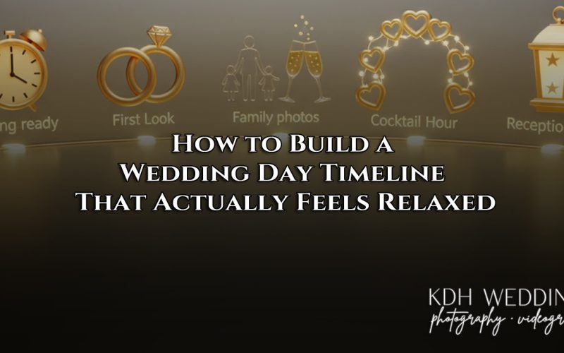 3D wedding day timeline visualization showing key moments: getting ready, first look, family photos, ceremony, cocktail hour, and reception exit. Professional graphic for relaxed Pensacola wedding planning.